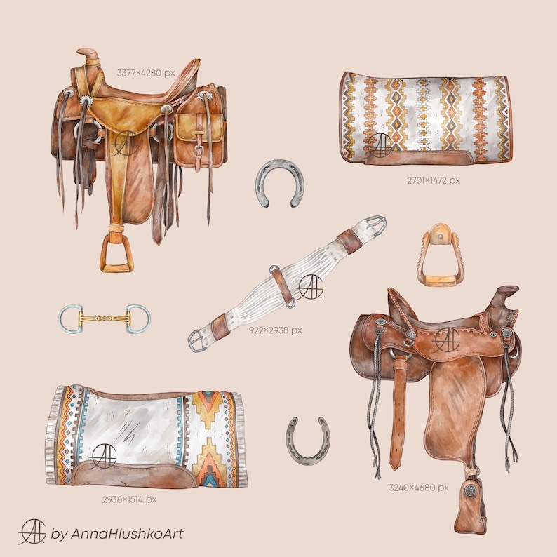 May include: Watercolor illustration of equestrian equipment, including two leather saddles, a horse bit, stirrup, cinch, two saddle blankets with geometric patterns, and two horseshoes. The artwork is in shades of brown, tan, and cream.
