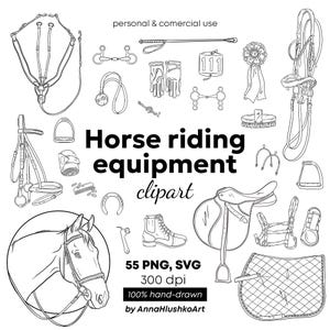 May include: Black and white line art of various horse riding equipment, including a saddle, bridle, boots, and gloves. The text "Horse riding equipment clipart" is displayed prominently. The image also includes text indicating it is 100% hand-drawn.