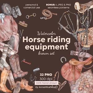 Può includere: Illustrazione ad acquerello di attrezzatura da equitazione in un set marrone. L'immagine include una sella, una briglia, stivali, guanti e altre attrezzature equestri. Il testo sull'immagine recita "Watercolor Horse riding equipment brown set".