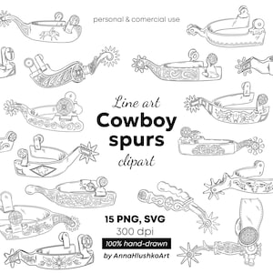 May include: A collection of black and white line drawings of cowboy spurs, featuring detailed designs and patterns. The image includes text that reads "Line art Cowboy spurs clipart".