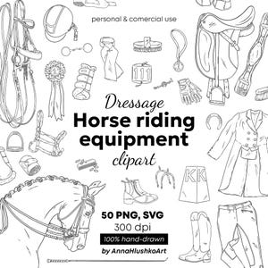 Horse Riding Equipment Clipart Bundle | Equestrian Line Art PNG SVG | Minimal Outline Dressage Tack Set