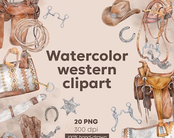 Western Clipart set | Hand-drawn cowboy png bundle | Watercolor Cowboy Saddle & Horse Tack PNG | Rustic Ranch Graphics