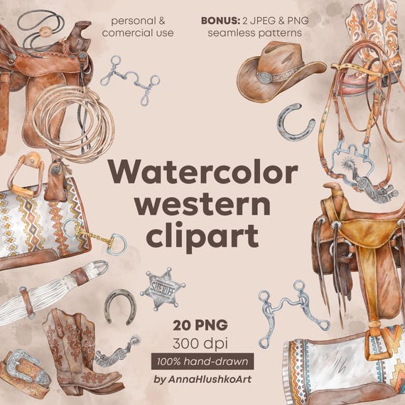 Western Clipart set | Hand-drawn cowboy png bundle | Watercolor Cowboy Saddle & Horse Tack PNG | Rustic Ranch Graphics