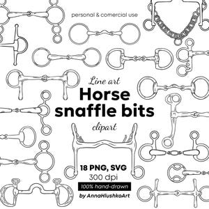 Könnte beinhalten: Schwarz-weiße Strichzeichnungen verschiedener Pferdesnaffle-Bits. Das Bild zeigt verschiedene Designs und Stile von Bits, mit dem Text "Horse snaffle bits clipart" und "18 PNG, SVG 300 dpi".