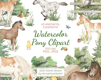May include: Watercolor pony clipart featuring various ponies in different poses, a duckling, and a cat on a fence. The image includes the text "Watercolor Pony Clipart" and "100% hand-drawn by AnnaHlushkoArt". The artwork is suitable for personal and commercial use.