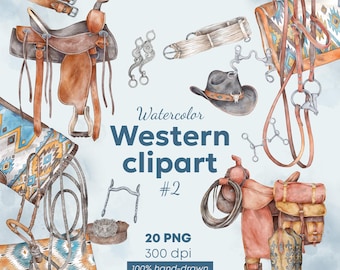 Western Clipart set | Hand-drawn cowboy png bundle | Watercolor Trail, Roping Saddles & Horse Tack PNG | Rustic Ranch Graphics