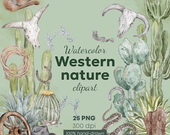 Western Clipart Bundle | Watercolor Desert Cactus PNG, Cowboy Hat Boots Skull | American Prairie Rustic Nature Graphics, Digital Download