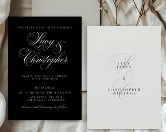 Old Money klassieke huwelijksuitnodiging | Afdrukbare bewerkbare canvassjabloon | Zwart-wit elegante vintage cursieve uitnodiging met foto