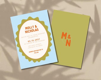 Heldere retro huwelijksuitnodiging | Kleurrijke vintage canvas uitnodigingssjabloon | Boho herfstbruiloft | Grillige bewerkbare digitale download
