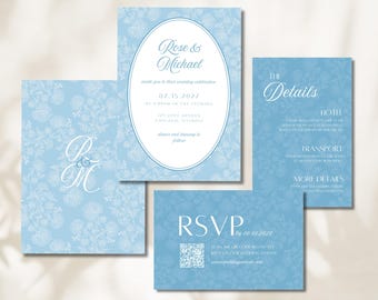 Stoffige blauwe toile elegante bruiloftsuitnodiging | Chinoiserie-canva-uitnodigingssjabloon | RSVP QR-code Directe afdrukbare digitale download