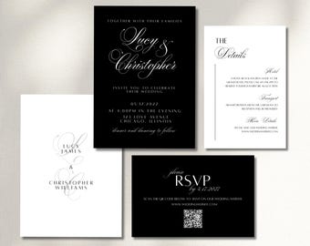 Old Money luxe minimalistische huwelijksuitnodigingssuite | Bewerkbare canvassjabloon | Zwart-wit moderne elegante cursieve uitnodiging met foto