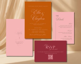 Elegante retro trouwkaartsuite | Kleurrijke gewaagde vintage cursieve canvas uitnodigingssjabloon | Oranje unieke bewerkbare digitale download