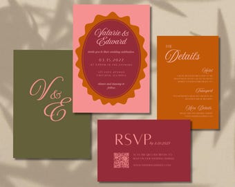Gedurfde retro huwelijksuitnodigingssuite | Kleurrijke vintage canvas uitnodigingssjabloon | Grillige unieke bewerkbare afdrukbare digitale download