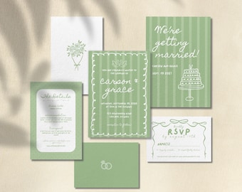 Grillige salie groene bruiloft uitnodiging sjabloonset | Bewerkbare afdrukbare geïllustreerde Canva Invite-suite