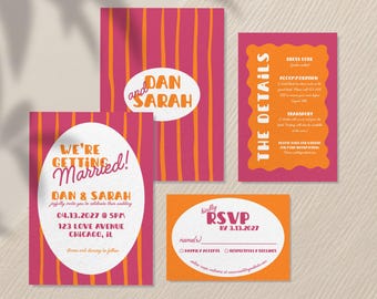 Roze en oranje gewaagde gestreepte huwelijksuitnodiging | Bewerkbare afdrukbare retro kleurrijke canvas-uitnodigingssjabloon