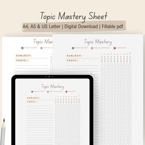 May include: A digital Topic Mastery Sheet with the text "Topic Mastery Sheet" and "A4, A5 & US Letter | Digital Download | Fillable pdf". The sheet includes sections for subject and topic, with checkboxes for tracking progress. Includes both grey and white background swatches.