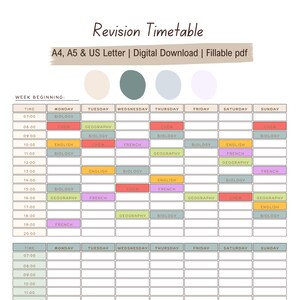 May include: A digital revision timetable, ideal for students. The document is white with a grid layout for scheduling subjects like Biology, English, and French. The title "Revision Timetable" is at the top, with size options A4, A5 & US Letter.
