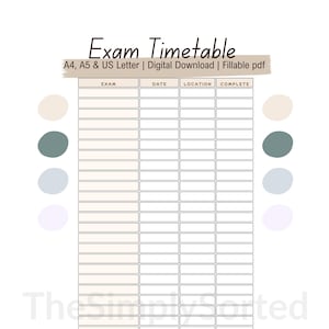 Peut inclure: Un modèle de tableau d'examens imprimable avec un fond crème. Le titre "Exam Timetable" est en haut, avec des sections pour l'examen, la date, le lieu et l'achèvement. Inclut les formats A4, A5 et US Letter. Téléchargement numérique.