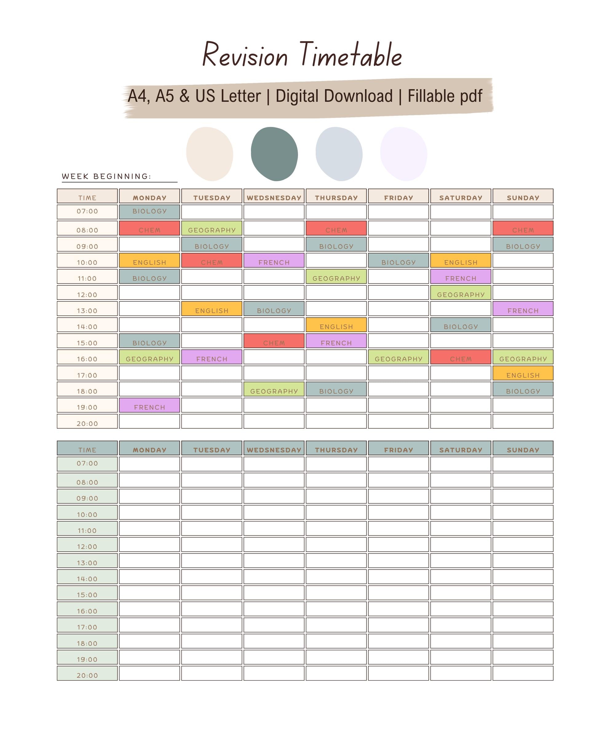 GCSE & A-level Revision Timetable | Printable Study Planner | 4 Colour ...