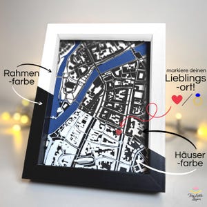3D-stadsplattegrond - gepersonaliseerd. Gewenste locatie, verloving, datum, huis. Aangegeven met een hartje of ring.