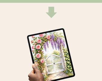 Garden Gate Printable Wall Art - Cottagecore Floral Watercolor Print Botanical Nursery Decor Digital Download Instant Gift
