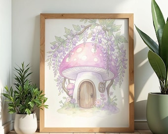 Mushroom House Wisteria Wall Art Poster Watercolor Print Cottagecore Botanical Nursery Decor Gift