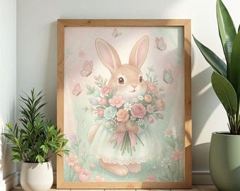 Bunny Bride Watercolor Print, Cottagecore Floral Nursery Wall Art Wedding Botanical Poster Gift