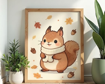 Squirrel Wall Art Poster Watercolor Print Cottagecore Autumn Woodland Nursery Decor Squirrel Gift