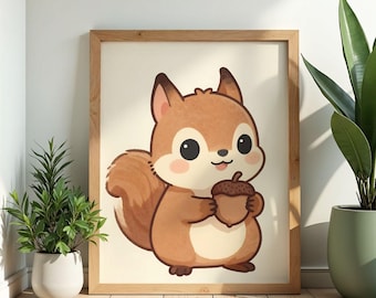Squirrel Acorn Wall Art Poster Watercolor Print Cottagecore Woodland Nursery Decor Squirrel Gift