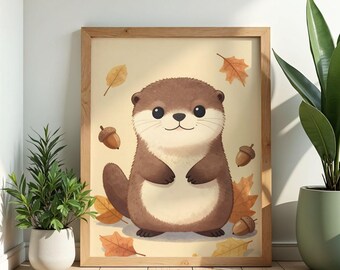 Watercolor Otter Print - Autumn Woodland Cottagecore Nursery Decor Wall Art Poster Gift