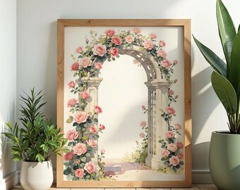 Rose Garden Arch Wall Art Poster Watercolor Print Cottagecore Floral Botanical Decor Nature Gift