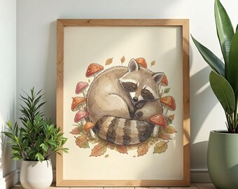 Raccoon Mushroom Wall Art Poster Watercolor Print Cottagecore Woodland Nursery Decor Raccoon Gift