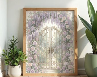 Wisteria Garden Gate Wall Art Poster Watercolor Print Cottagecore Floral Rose Botanical Decor Gift