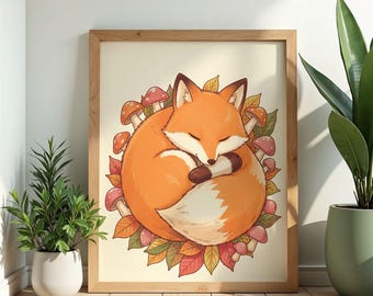 Watercolor Fox Mushroom Art Print, Cottagecore Woodland Nursery Decor Wall Art Poster Gift