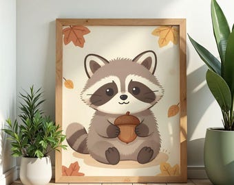Raccoon Acorn Wall Art Poster Watercolor Print Cottagecore Woodland Nursery Decor Raccoon Gift
