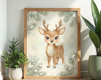 Winter Deer Wall Art Poster Watercolor Print Cottagecore Christmas Woodland Nursery Decor Fawn Gift