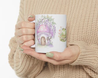 Cute Frog in Flower Wreath Mug - Ceramic Coffee Cup 11oz 15oz, Cottagecore Gift