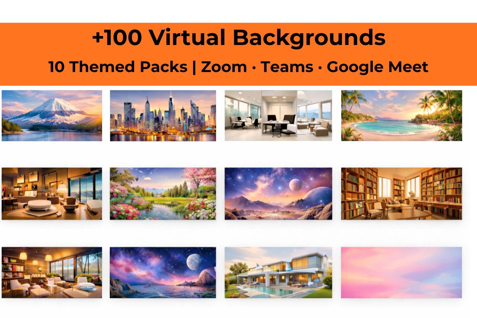100 Virtual Backgrounds Bundle | 10 Themed Packs | Zoom Teams Google ...