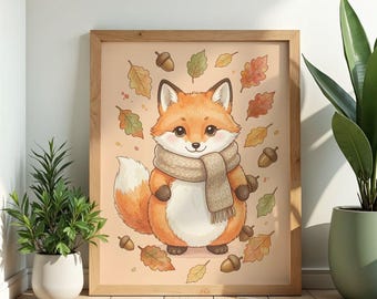 Watercolor Fox Print, Autumn Woodland Nursery Decor, Cottagecore Wall Art Botanical Poster Gift