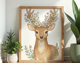 Deer Flower Crown Wall Art Poster Watercolor Print Cottagecore Botanical Nursery Decor Nature Gift