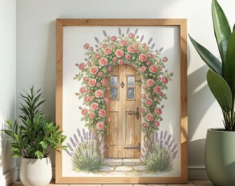Cottage Door Wall Art Poster Watercolor Print Cottagecore Floral Rose Botanical Decor Nature Gift