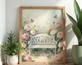 Garden Bench Wall Art Poster Watercolor Print Cottagecore Peony Butterfly Floral Decor Nature Gift