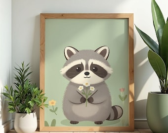 Raccoon Wildflower Wall Art Poster Watercolor Print Cottagecore Botanical Nursery Decor Raccoon Gift