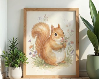 Squirrel Wildflower Wall Art Poster Watercolor Print Cottagecore Botanical Nursery Decor Nature Gift