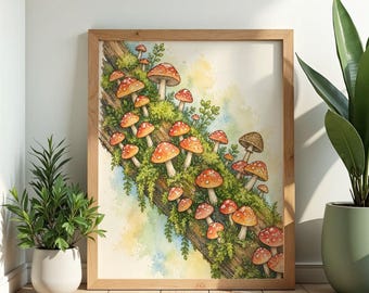 Mushroom Log Wall Art Poster Watercolor Print Cottagecore Forest Decor Woodland Nature Botanical Gift