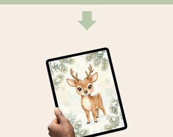 Winter Deer Printable Wall Art - Cottagecore Fawn Woodland Nursery Watercolor Print Decor Digital Download Instant Gift