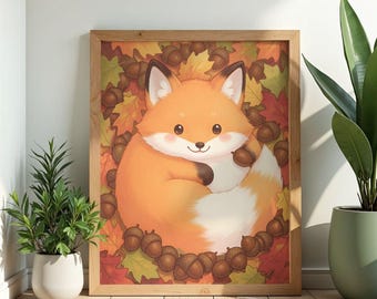 Watercolor Fox Print, Autumn Woodland Nursery Decor, Cottagecore Wall Art Nature Home Decor Gift