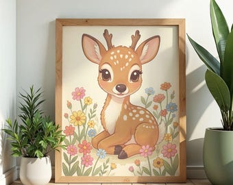 Fawn Wildflower Wall Art Poster Watercolor Print Cottagecore Botanical Nursery Decor Deer Gift