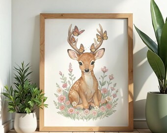 Deer Butterfly Wall Art Poster Watercolor Print Cottagecore Botanical Nursery Decor Fawn Gift