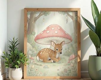 Deer Mushroom Wall Art Poster Watercolor Print Cottagecore Woodland Nursery Decor Fawn Gift Nature